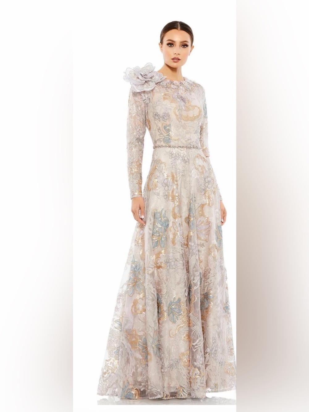 Mac Duggar Embellished Floral Lace Evening Gown in Light Silver